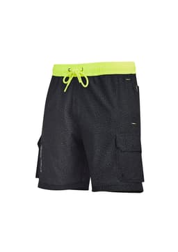 Men's streetworx board shorts in black with a vibrant yellow drawstring and cargo pockets. Features a logo.
