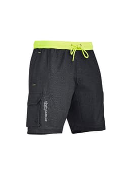 A pair of black board shorts with a drawstring waistband and neon green accents. Features a logo and cargo pockets.