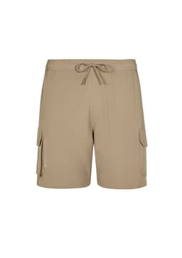Men's beige board shorts with an elastic waistband, side pockets, and a logo on the side.