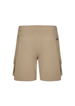 Men's beige board shorts with an elastic waistband and rear pockets, featuring a branding logo.