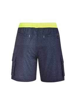 Men's sports shorts in navy with a bright yellow waistband, featuring cargo pockets and a subtle print.