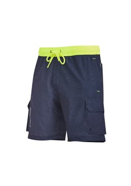Mens Streetworx board shorts in navy with a neon yellow drawstring and side cargo pockets. Features a logo.