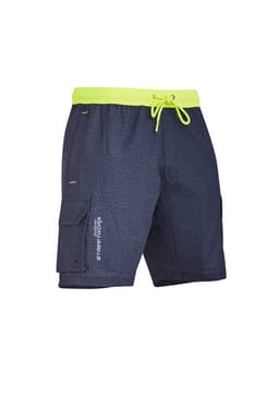Men's navy board shorts with a contrast neon green waistband and drawstring, featuring cargo pockets and branding.