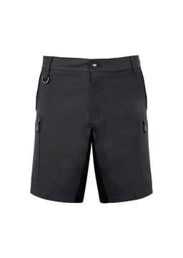 A pair of black work shorts featuring pockets and a logo. Suitable for active wear in various settings.