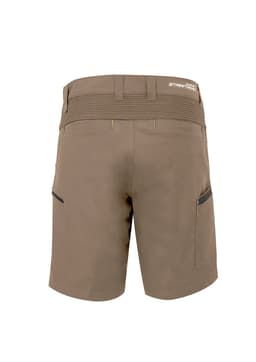 A pair of khaki work shorts with stretch fabric, featuring pockets and a logo.