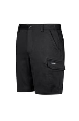 A pair of black work shorts featuring pockets and a branding logo. Suitable for workwear and casual wear.
