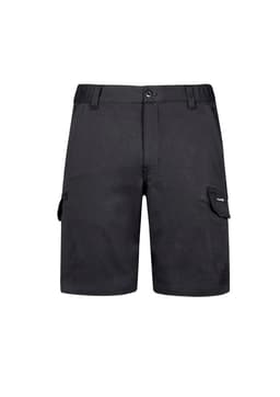 A pair of black work shorts with side pockets and a logo on the side. Suitable for workwear.