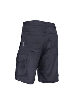 Men's rugged vented shorts in dark grey with multiple pockets and a logo.