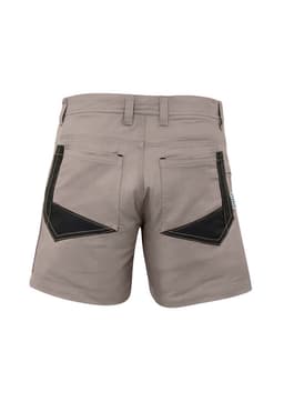Men's rugged dress shorts in a light grey colour with contrasting black detailing on the back pockets. Features a logo.