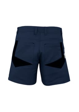 Men's rugged short shorts in navy, featuring two back pockets with a contrasting design and a logo.