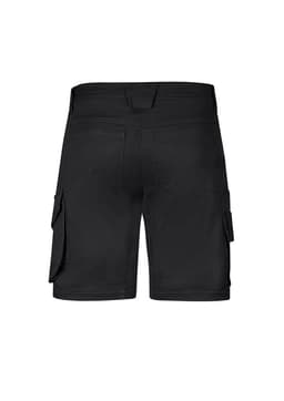 Black rugged cooling stretch shorts with cargo pockets and a logo on the back. Suitable for outdoor wear.