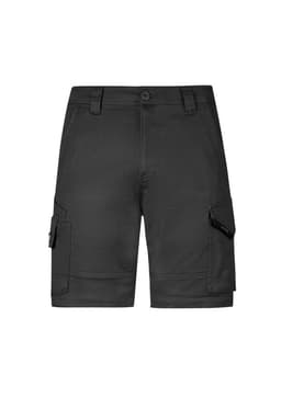 Men's rugged stretch shorts in black, featuring cargo pockets and a button closure, with a logo on one pocket.