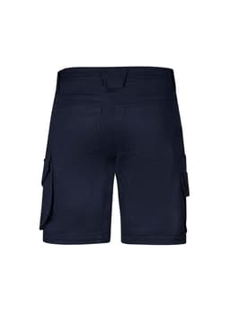 Men's rugged cooling stretch shorts in navy, featuring a fitted design with cargo pockets and a branding logo.