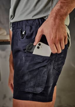 Men's rugged cooling stretch shorts in dark navy with a phone pocket, featuring a logo.