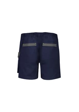Men's rugged shorts in navy blue with multiple pockets and a logo; designed for workwear.