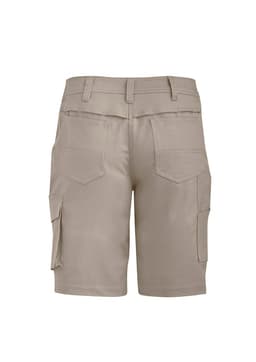 A pair of khaki women's rugged cooling vented shorts, featuring multiple pockets and a logo.