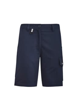 Navy work shorts with a cargo pocket and a logo. Designed for rugged use with vented features.