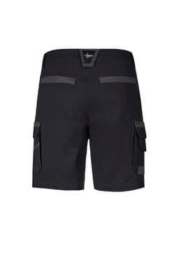 Men's work shorts in black with cargo pockets and a feature logo on the back. Designed for durability and functionality.