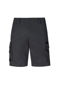 Dark grey men's shorts with cargo pockets and a button closure, featuring a branded logo.