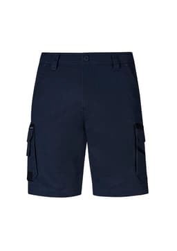 Navy blue cargo shorts featuring multiple side pockets and a front button closure. Includes a logo on the waistband.