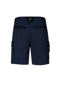 Navy men's shorts featuring cargo pockets and a logo at the waistband, designed for workwear purposes.