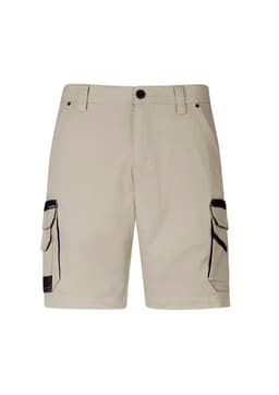 Beige work shorts with side cargo pockets and a logo. Suitable for outdoor use and practical wear.