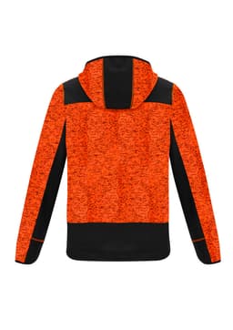 A reinforced knit hoodie in orange and black, featuring a hood and a logo.