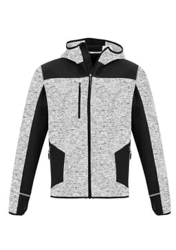 A grey and black unisex reinforced knit hoodie with a zip and pockets, featuring a logo on the chest.