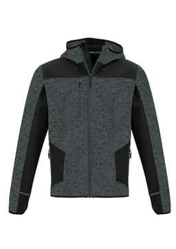 A green and black unisex reinforced knit hoodie with a zippered front and side pockets. Features branding on the design.