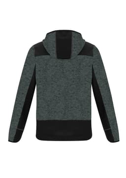A grey and black unisex reinforced knit hoodie with a hood, featuring contrasting panels and a logo.