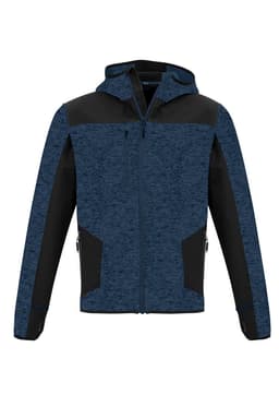 A unisex hoodie in navy blue with black accents, featuring a hood and zippered pockets. It has a logo on it.