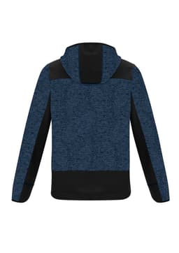 A unisex streetwear hoodie in dark blue with black accents and a hood. The back view features a logo.