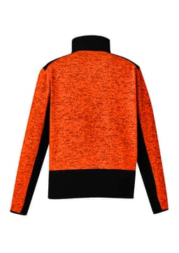 A unisex 1/2 zip pullover in orange with black detailing, featuring a logo on the back.