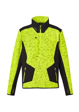 A bright yellow Unisex Streetworx Reinforced Knit 1/2 Zip Pullover with black accents and a zippered pocket.