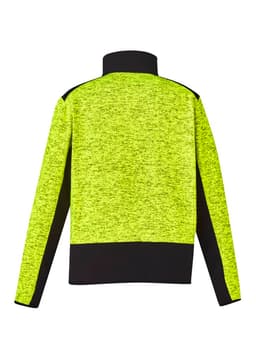 A bright yellow and black unisex half-zip pullover with a textured design and a logo on the back.