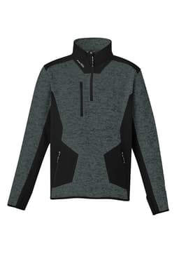 A green and black unisex pullover featuring a half zip, reinforced knit fabric, and has a logo.
