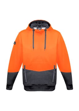 A unisex hoodie in vibrant orange with textured jacquard and black accents, featuring a logo on the sleeve.
