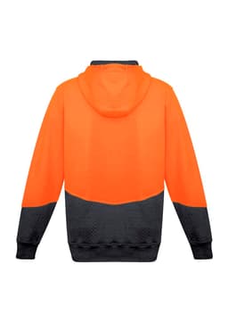 A unisex hi-vis textured jacquard hoodie featuring an orange upper and black lower section, with a hood and logo.