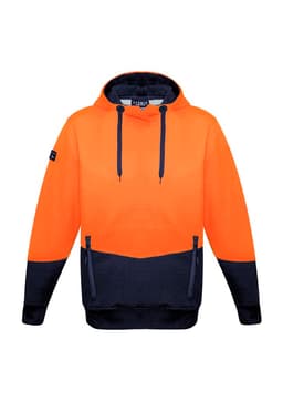 A unisex hi-vis textured jacquard hoodie in bright orange and navy, featuring a logo and a kangaroo pocket.