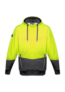 A bright yellow and grey unisex hoodie with a textured jacquard design and a logo on the sleeve.