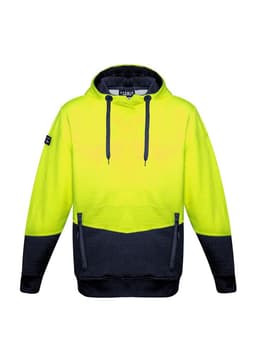A unisex hi-vis hoodie in bright yellow and black with a textured jacquard design and a logo on the sleeve.