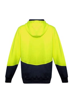 A bright yellow and navy unisex hoodie with a textured jacquard design and a full zip. Features a hood.