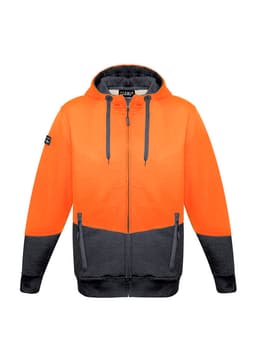 A unisex hi-vis textured jacquard full zip hoodie in bright orange and dark grey, featuring a logo.