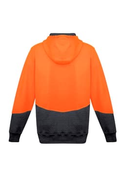 A unisex hoodie in high visibility orange with a textured pattern and black accents. It features a full zip and a hood.