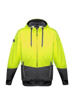 A bright yellow and grey unisex hi-vis textured jacquard full zip hoodie with a logo on the sleeve.