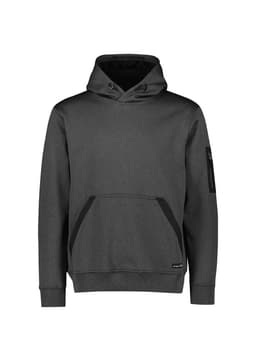 A grey unisex water-resistant hoodie featuring a front pocket and a logo on the sleeve.