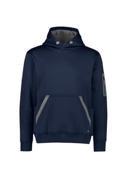 A navy water-resistant hoodie with a front pocket and a logo on the sleeve. Features grey accents.