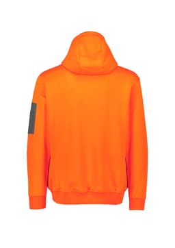 An orange unisex water-resistant hoodie with a hood and a logo on the sleeve.