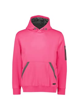 A bright pink unisex water-resistant hoodie featuring a front pocket and a logo on the sleeve.