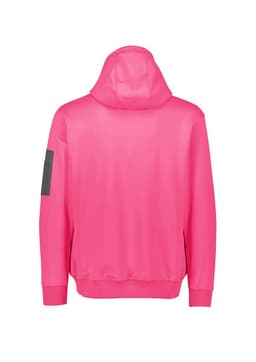 A bright pink unisex water-resistant hoodie with a hood and a patch on the sleeve.